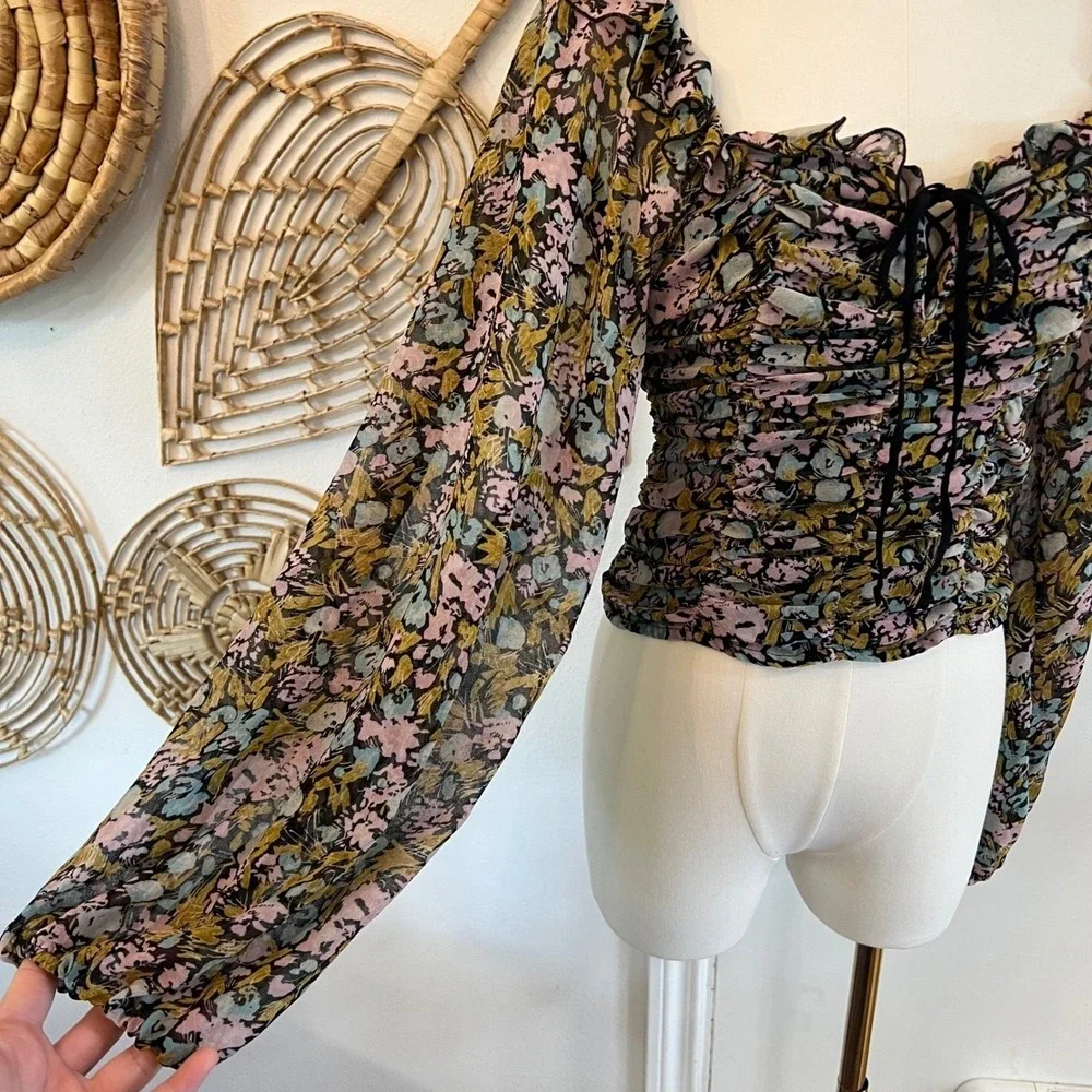 Free People Multicolor Floral Mable Ruched Smocked Blouse Boho Ballon Sleeves XS